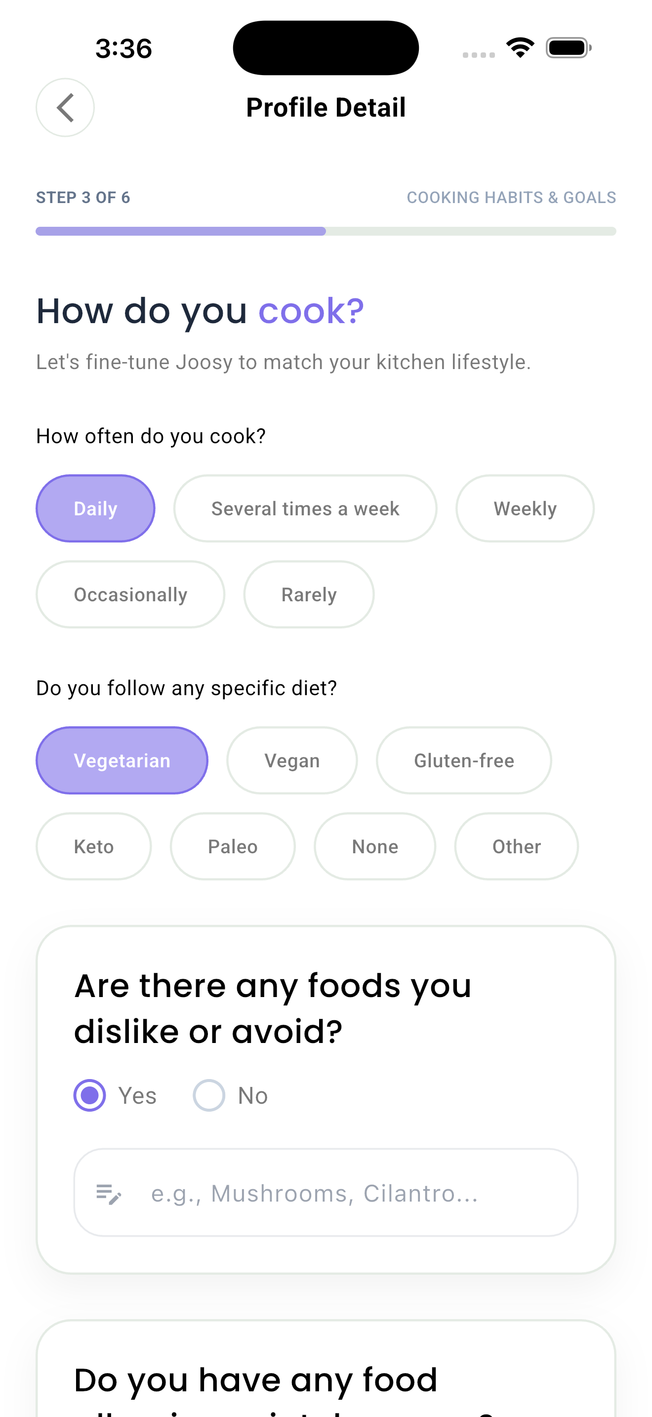 Joosy App Interface - Cooking Habits and Onboarding Diet