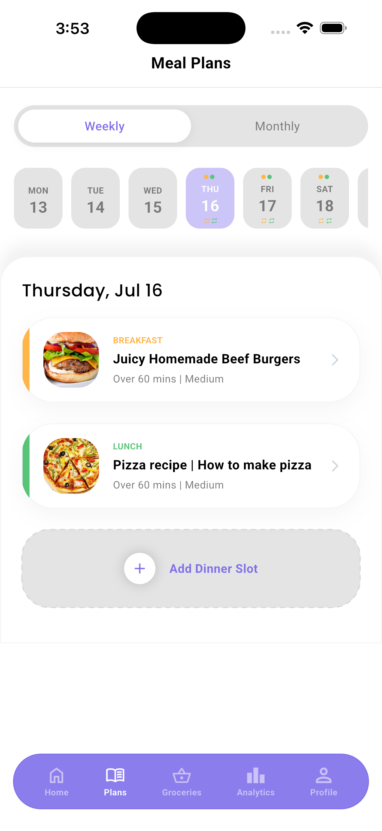 Joosy App Interface - Weekly Meal Planner Dashboard